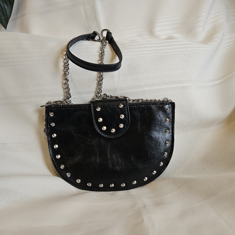 ZARA Studded Small Black Faux Leather Chain Bag